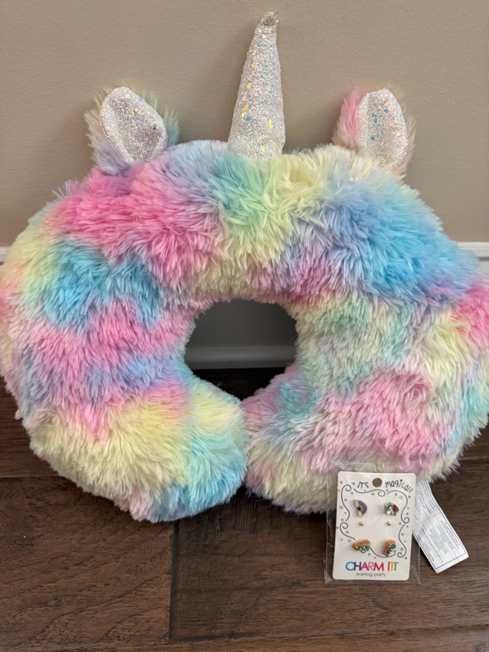 Unbranded Pastel Rainbow Unicorn Plush Neck Pillow & Earrings (new) set for Kids